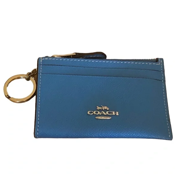 New Coach Crossgrain Leather Mini ID Cardholder Electric Blue with Keyring - Picture 4 of 12